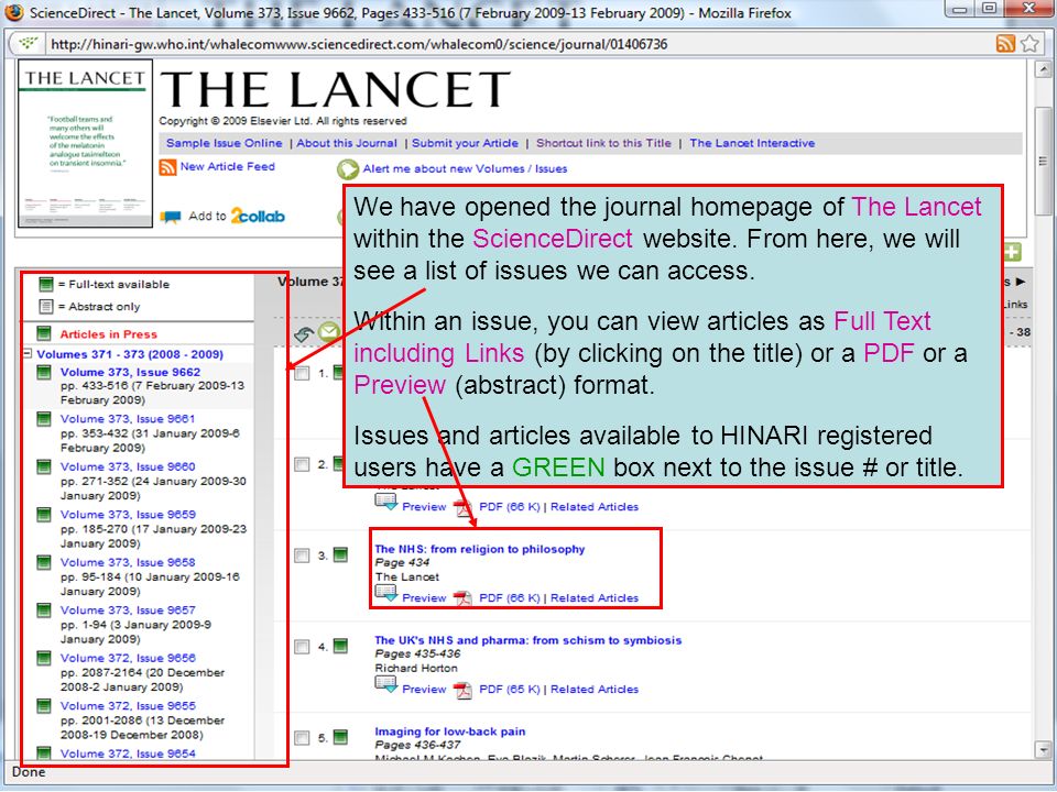 Science Direct 6 We have opened the journal homepage of The Lancet within the ScienceDirect website.