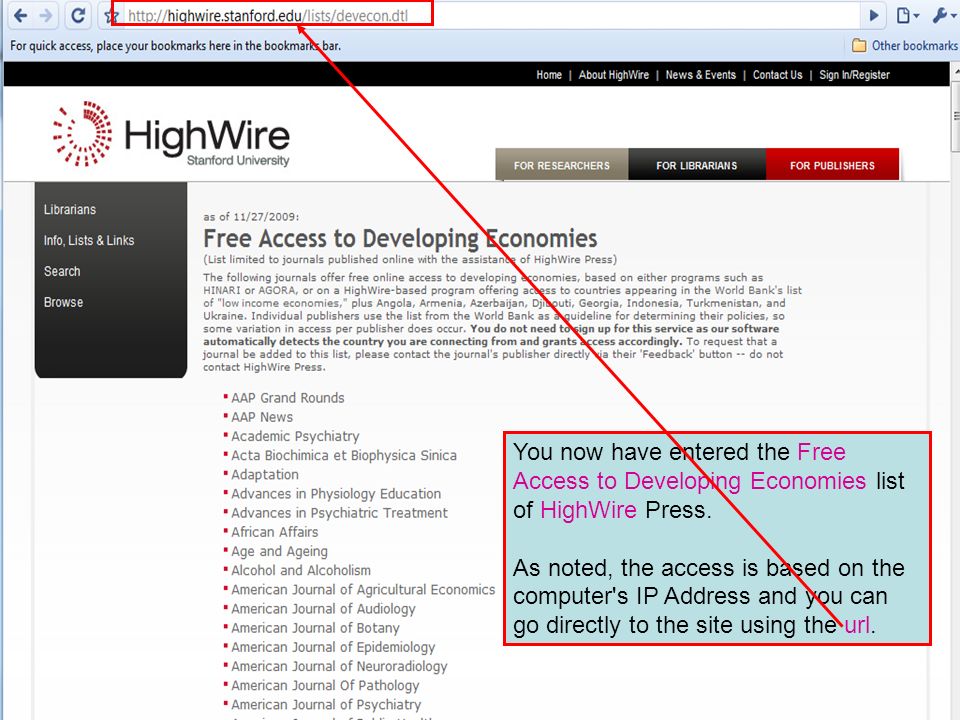 You now have entered the Free Access to Developing Economies list of HighWire Press.