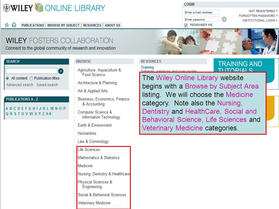 Wiley Interscience 0 The Wiley Online Library website begins with a Browse by Subject Area listing.