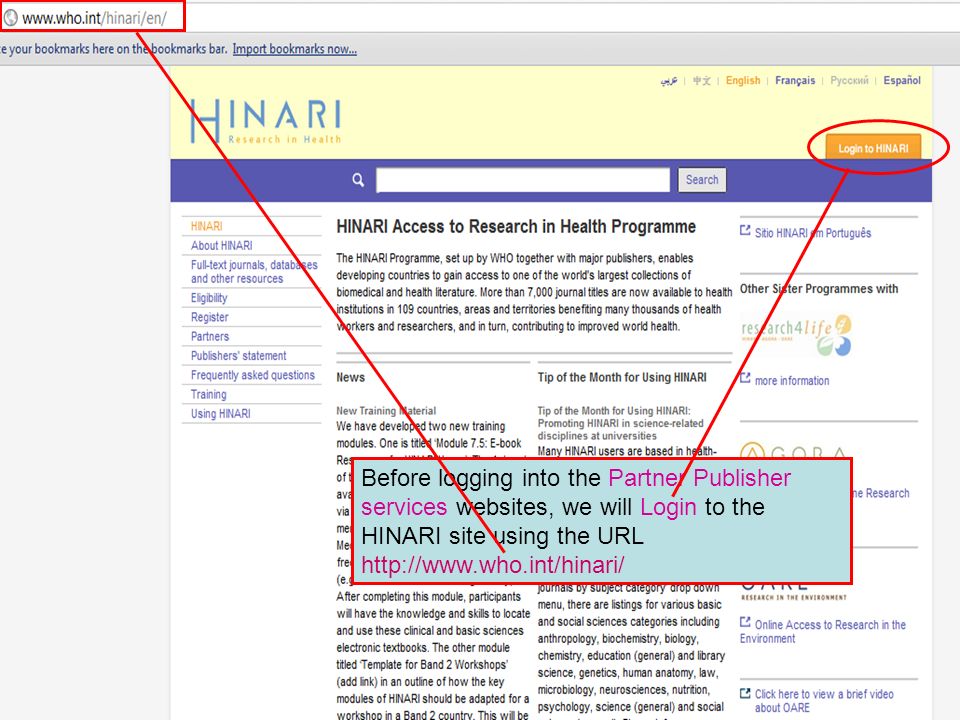Logging on to HINARI 1 Before logging into the Partner Publisher services websites, we will Login to the HINARI site using the URL