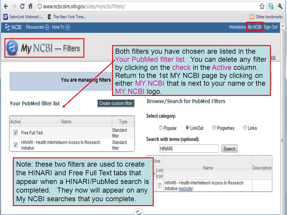 Both filters you have chosen are listed in the Your PubMed filter list.