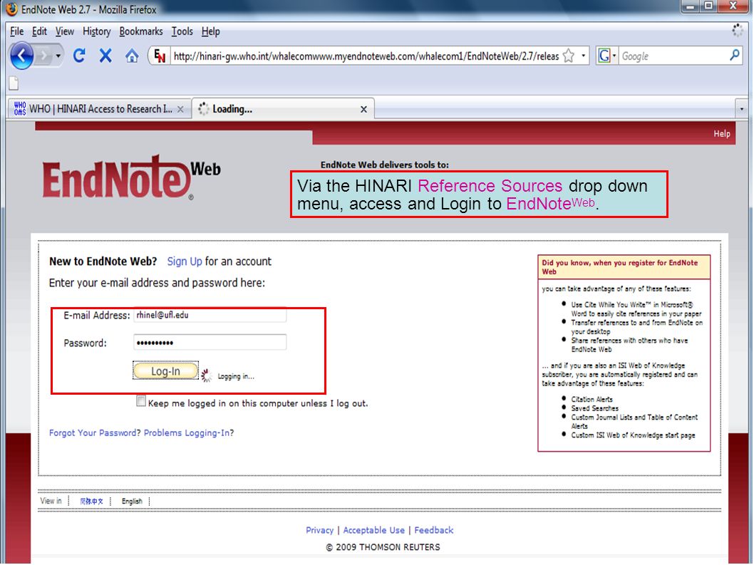 Via the HINARI Reference Sources drop down menu, access and Login to EndNote Web.