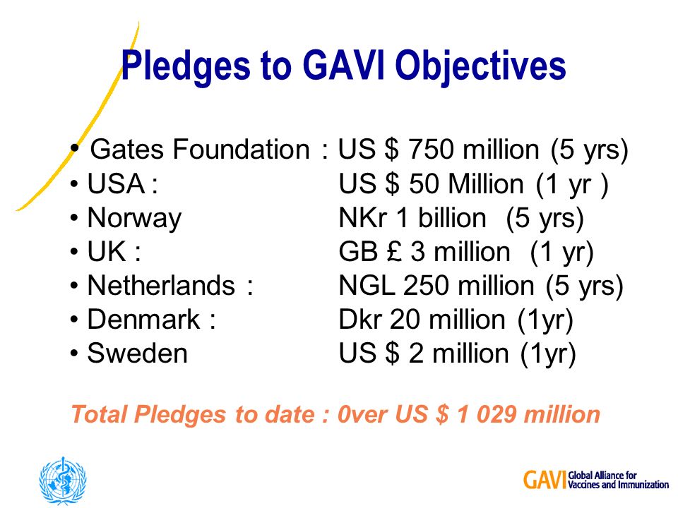 Pledges to GAVI Objectives Gates Foundation : US $ 750 million (5 yrs) USA : US $ 50 Million (1 yr ) Norway NKr 1 billion (5 yrs) UK : GB £ 3 million (1 yr) Netherlands : NGL 250 million (5 yrs) Denmark : Dkr 20 million (1yr) Sweden US $ 2 million (1yr) Total Pledges to date : 0ver US $ million