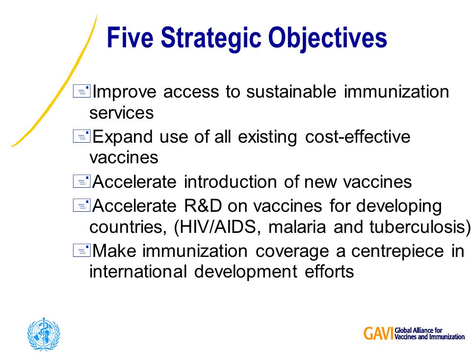 Five Strategic Objectives +Improve access to sustainable immunization services +Expand use of all existing cost-effective vaccines +Accelerate introduction of new vaccines +Accelerate R&D on vaccines for developing countries, (HIV/AIDS, malaria and tuberculosis) +Make immunization coverage a centrepiece in international development efforts