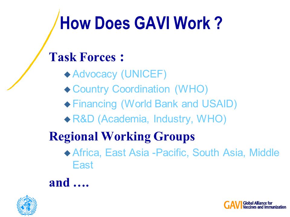 Task Forces : u Advocacy (UNICEF) u Country Coordination (WHO) u Financing (World Bank and USAID) u R&D (Academia, Industry, WHO) Regional Working Groups u Africa, East Asia -Pacific, South Asia, Middle East and ….