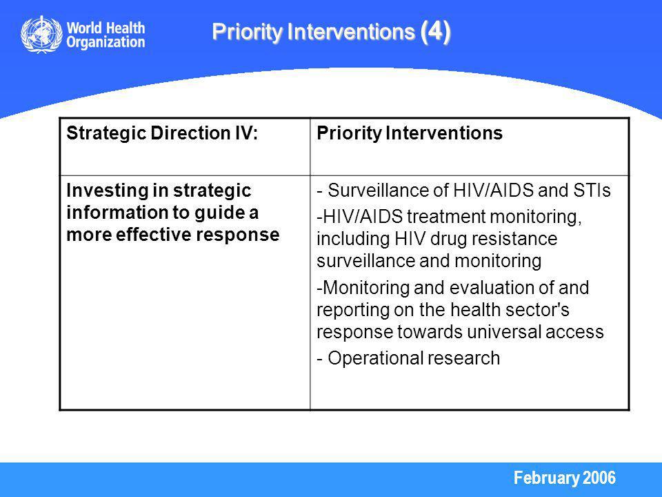 February 2006 Priority Interventions (4) Strategic Direction IV:Priority Interventions Investing in strategic information to guide a more effective response - Surveillance of HIV/AIDS and STIs -HIV/AIDS treatment monitoring, including HIV drug resistance surveillance and monitoring -Monitoring and evaluation of and reporting on the health sector s response towards universal access - Operational research