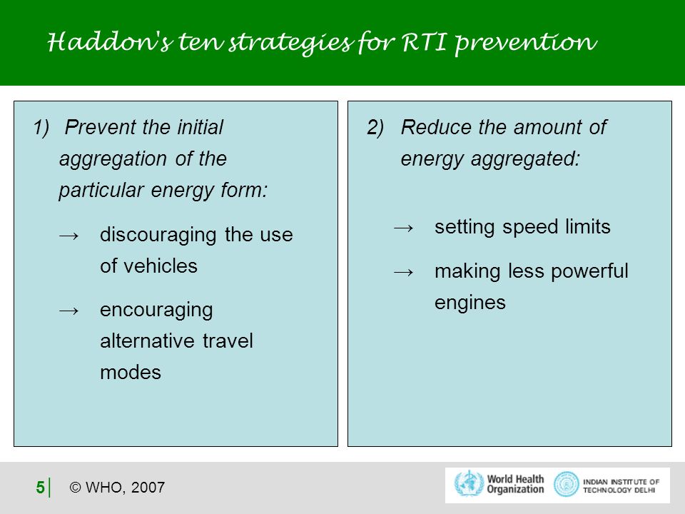 © WHO, Haddon s ten strategies for RTI prevention 1) Prevent the initial aggregation of the particular energy form: discouraging the use of vehicles encouraging alternative travel modes 2)Reduce the amount of energy aggregated: setting speed limits making less powerful engines