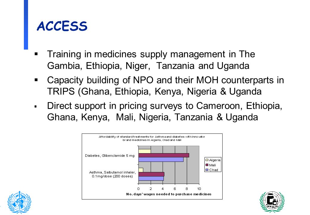 6 ACCESS Training in medicines supply management in The Gambia, Ethiopia, Niger, Tanzania and Uganda Capacity building of NPO and their MOH counterparts in TRIPS (Ghana, Ethiopia, Kenya, Nigeria & Uganda Direct support in pricing surveys to Cameroon, Ethiopia, Ghana, Kenya, Mali, Nigeria, Tanzania & Uganda