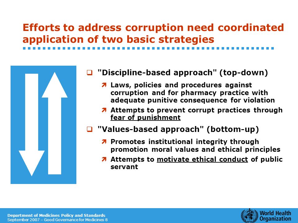 Department of Medicines Policy and Standards September 2007 – Good Governance for Medicines 8 Efforts to address corruption need coordinated application of two basic strategies Discipline-based approach (top-down) ìLaws, policies and procedures against corruption and for pharmacy practice with adequate punitive consequence for violation ìAttempts to prevent corrupt practices through fear of punishment Values-based approach (bottom-up) ìPromotes institutional integrity through promotion moral values and ethical principles ìAttempts to motivate ethical conduct of public servant