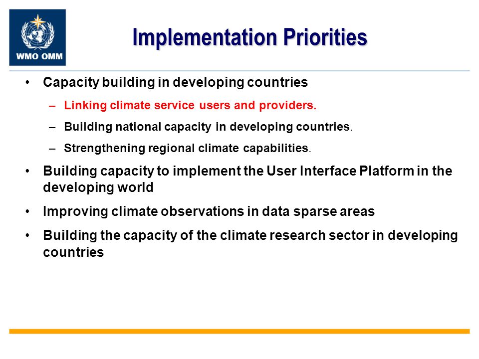 WMO OMM Implementation Priorities Capacity building in developing countries –Linking climate service users and providers.