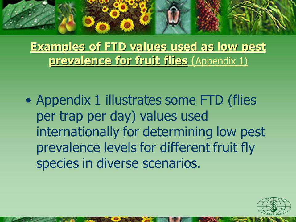 Examples of FTD values used as low pest prevalence for fruit flies Examples of FTD values used as low pest prevalence for fruit flies ( Appendix 1) Appendix 1 illustrates some FTD (flies per trap per day) values used internationally for determining low pest prevalence levels for different fruit fly species in diverse scenarios.