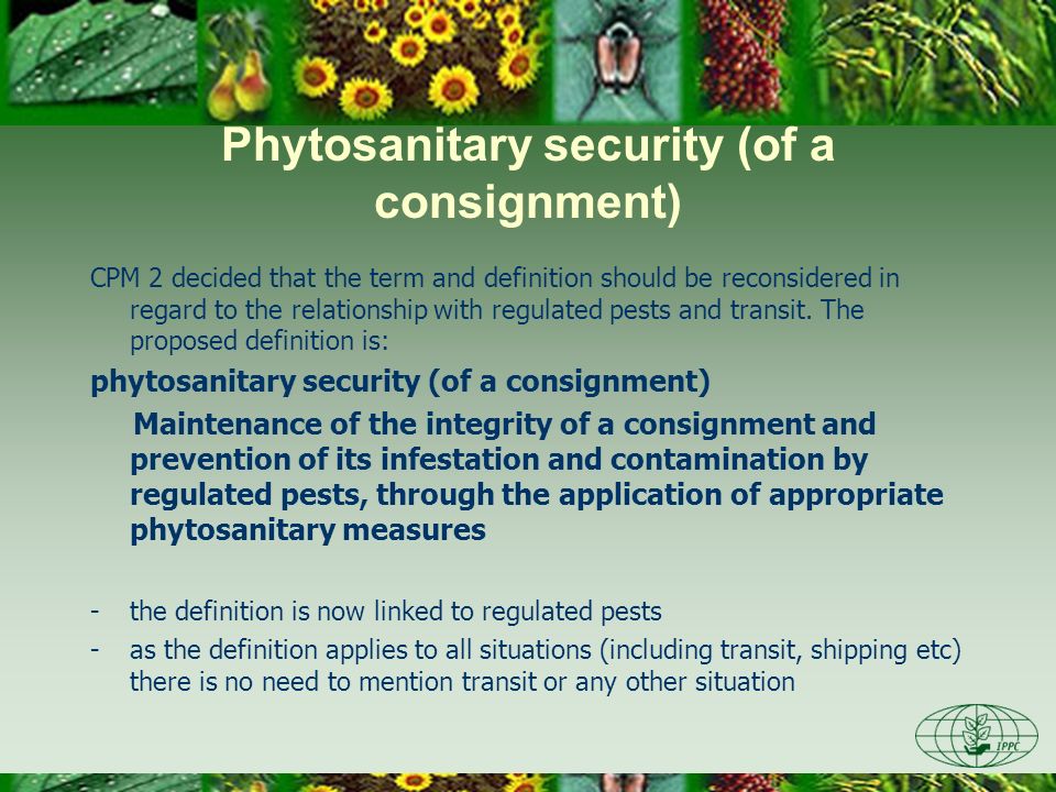 Phytosanitary security (of a consignment) CPM 2 decided that the term and definition should be reconsidered in regard to the relationship with regulated pests and transit.