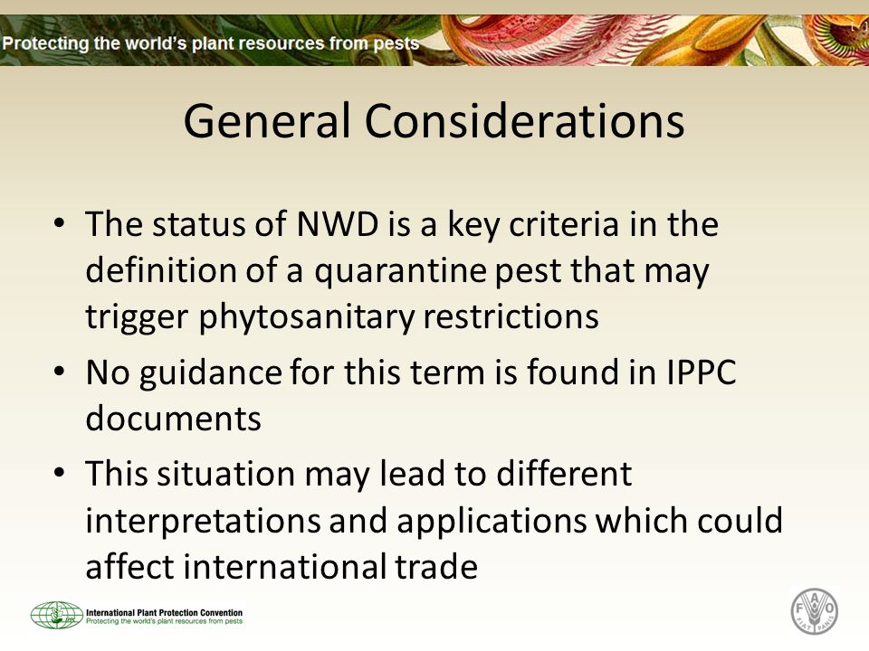 General Considerations The status of NWD is a key criteria in the definition of a quarantine pest that may trigger phytosanitary restrictions No guidance for this term is found in IPPC documents This situation may lead to different interpretations and applications which could affect international trade