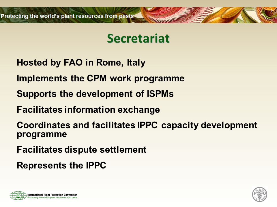 Secretariat Hosted by FAO in Rome, Italy Implements the CPM work programme Supports the development of ISPMs Facilitates information exchange Coordinates and facilitates IPPC capacity development programme Facilitates dispute settlement Represents the IPPC