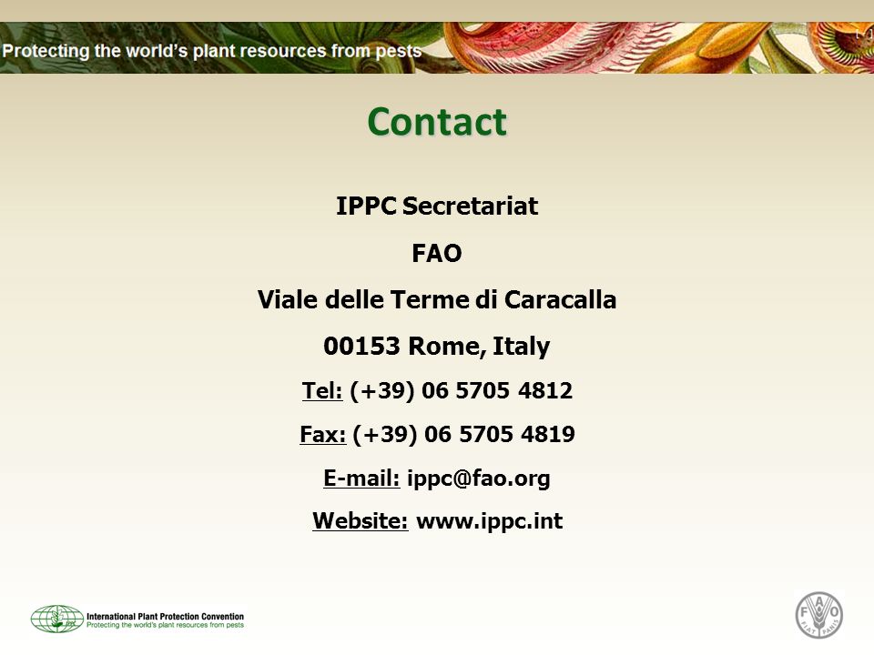 Contact IPPC Secretariat FAO Viale delle Terme di Caracalla Rome, Italy Tel: (+39) Fax: (+39) Website:
