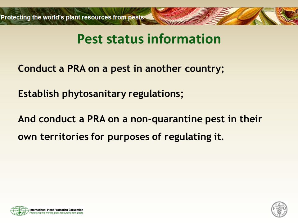 Pest status information Conduct a PRA on a pest in another country; Establish phytosanitary regulations; And conduct a PRA on a non-quarantine pest in their own territories for purposes of regulating it.