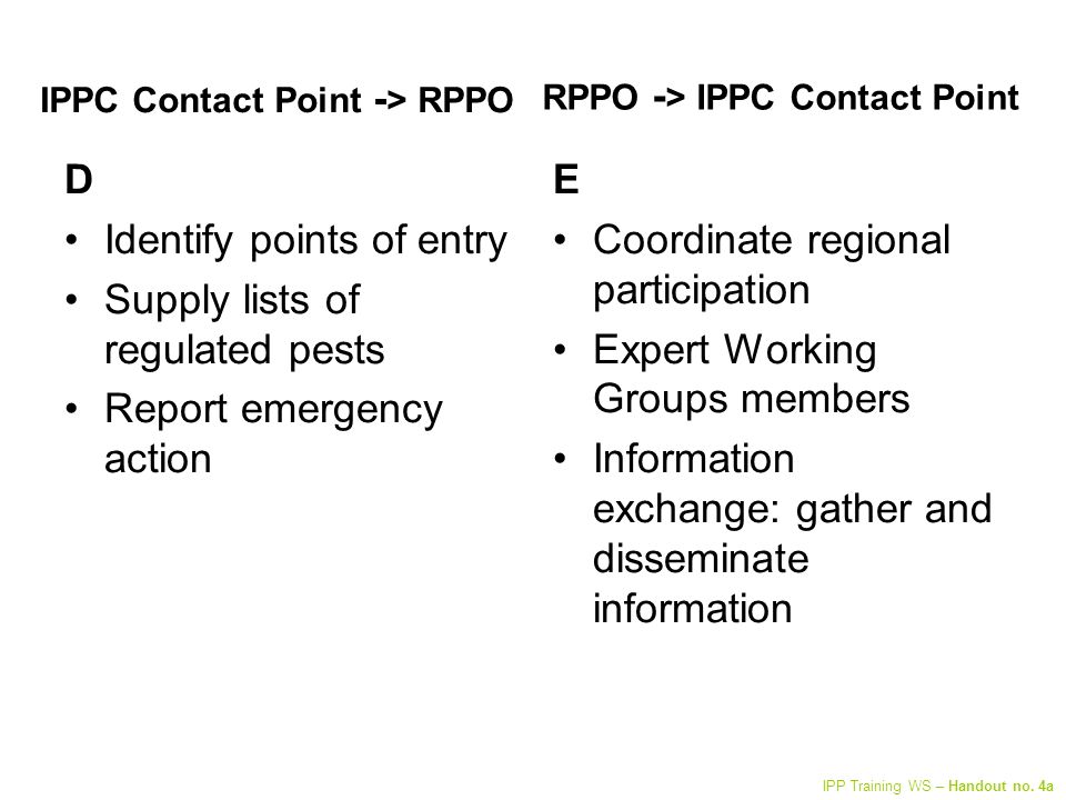 IPPC Contact Point - > RPPO D Identify points of entry Supply lists of regulated pests Report emergency action E Coordinate regional participation Expert Working Groups members Information exchange: gather and disseminate information RPPO - > IPPC Contact Point IPP Training WS – Handout no.