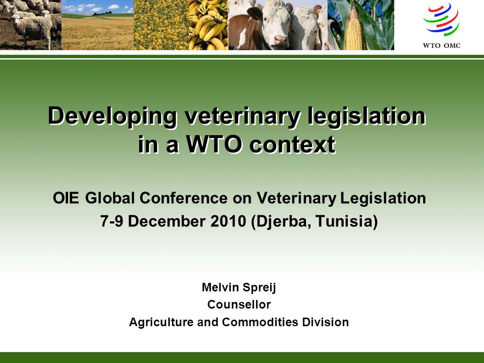 Developing veterinary legislation in a WTO context OIE Global Conference on Veterinary Legislation 7-9 December 2010 (Djerba, Tunisia) Melvin Spreij Counsellor Agriculture and Commodities Division