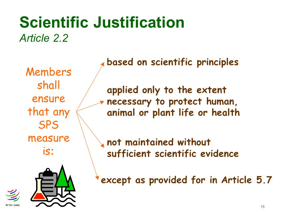 15 Members shall ensure that any SPS measure is : Scientific Justification Article 2.2 applied only to the extent necessary to protect human, animal or plant life or health based on scientific principles not maintained without sufficient scientific evidence except as provided for in Article 5.7