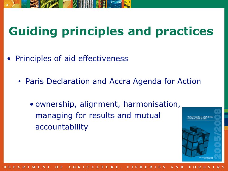 Guiding principles and practices Principles of aid effectiveness Paris Declaration and Accra Agenda for Action ownership, alignment, harmonisation, managing for results and mutual accountability