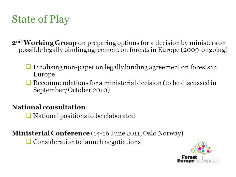 State of Play 2 nd Working Group on preparing options for a decision by ministers on possible legally binding agreement on forests in Europe (2009-ongoing) Finalising non-paper on legally binding agreement on forests in Europe Recommendations for a ministerial decision (to be discussed in September/October 2010) National consultation National positions to be elaborated Ministerial Conference (14-16 June 2011, Oslo Norway) Consideration to launch negotiations