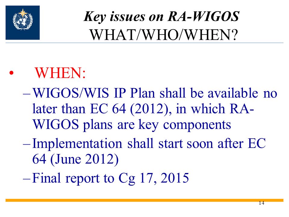 14 Key issues on RA-WIGOS WHAT/WHO/WHEN.