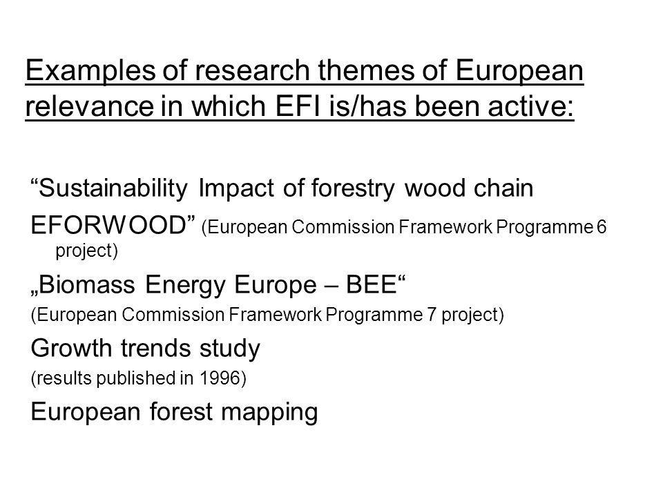 Examples of research themes of European relevance in which EFI is/has been active: Sustainability Impact of forestry wood chain EFORWOOD (European Commission Framework Programme 6 project) Biomass Energy Europe – BEE (European Commission Framework Programme 7 project) Growth trends study (results published in 1996) European forest mapping