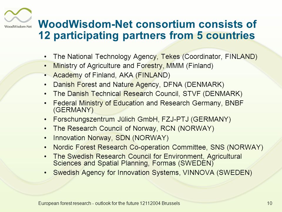 European forest research - outlook for the future Brussels10 WoodWisdom-Net consortium consists of 12 participating partners from 5 countries The National Technology Agency, Tekes (Coordinator, FINLAND) Ministry of Agriculture and Forestry, MMM (Finland) Academy of Finland, AKA (FINLAND) Danish Forest and Nature Agency, DFNA (DENMARK) The Danish Technical Research Council, STVF (DENMARK) Federal Ministry of Education and Research Germany, BNBF (GERMANY) Forschungszentrum Jülich GmbH, FZJ-PTJ (GERMANY) The Research Council of Norway, RCN (NORWAY) Innovation Norway, SDN (NORWAY) Nordic Forest Research Co-operation Committee, SNS (NORWAY) The Swedish Research Council for Environment, Agricultural Sciences and Spatial Planning, Formas (SWEDEN) Swedish Agency for Innovation Systems, VINNOVA (SWEDEN)
