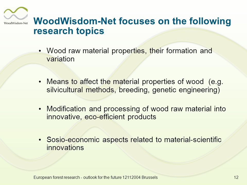 European forest research - outlook for the future Brussels12 WoodWisdom-Net focuses on the following research topics Wood raw material properties, their formation and variation Means to affect the material properties of wood (e.g.