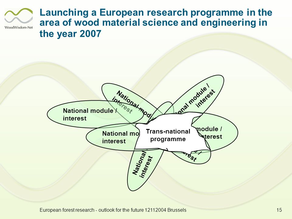 European forest research - outlook for the future Brussels15 Launching a European research programme in the area of wood material science and engineering in the year 2007 National module / interest Trans-national programme