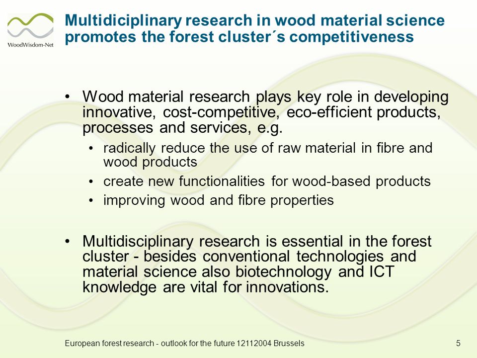 European forest research - outlook for the future Brussels5 Multidiciplinary research in wood material science promotes the forest cluster´s competitiveness Wood material research plays key role in developing innovative, cost-competitive, eco-efficient products, processes and services, e.g.