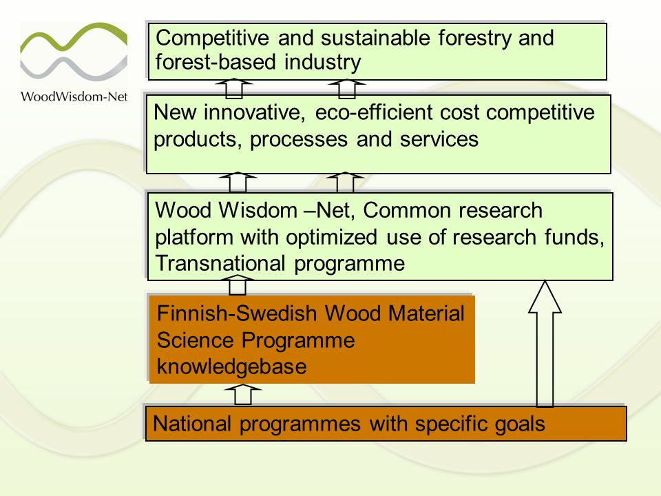 Competitive and sustainable forestry and forest-based industry New innovative, eco-efficient cost competitive products, processes and services Wood Wisdom –Net, Common research platform with optimized use of research funds, Transnational programme Finnish-Swedish Wood Material Science Programme knowledgebase National programmes with specific goals