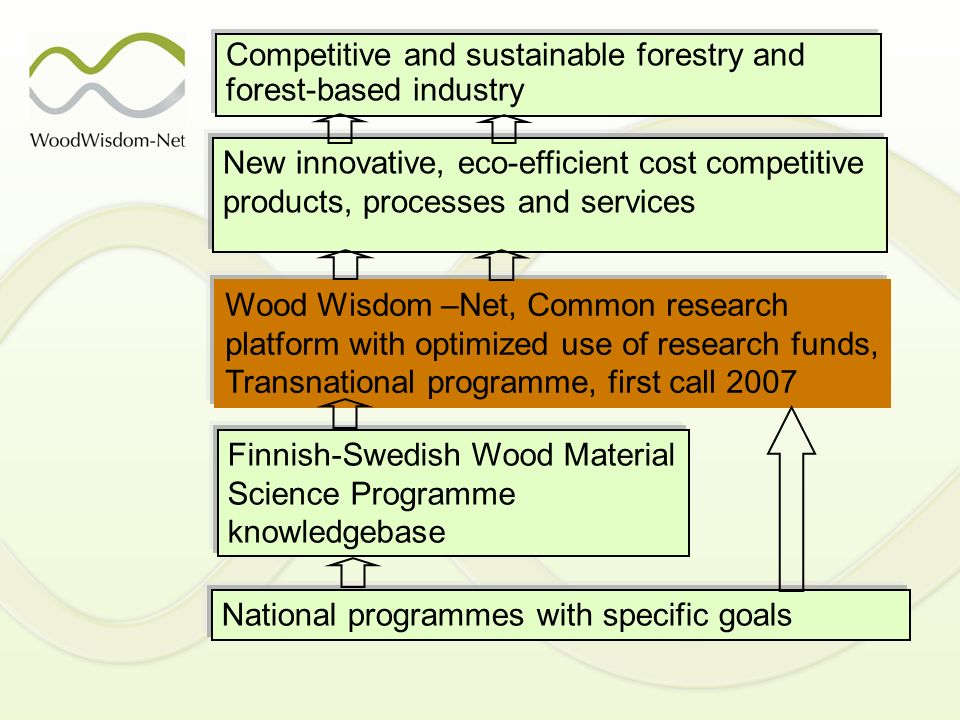 Competitive and sustainable forestry and forest-based industry New innovative, eco-efficient cost competitive products, processes and services Wood Wisdom –Net, Common research platform with optimized use of research funds, Transnational programme, first call 2007 Finnish-Swedish Wood Material Science Programme knowledgebase National programmes with specific goals