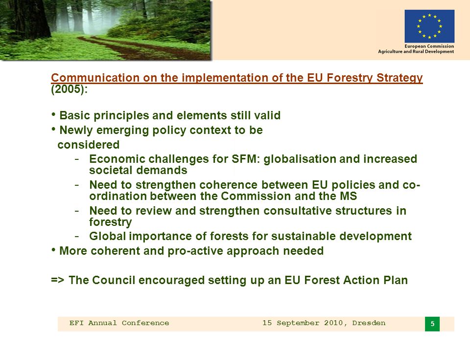 EFI Annual Conference 15 September 2010, Dresden 5 Communication on the implementation of the EU Forestry Strategy (2005): Basic principles and elements still valid Newly emerging policy context to be considered - Economic challenges for SFM: globalisation and increased societal demands - Need to strengthen coherence between EU policies and co- ordination between the Commission and the MS - Need to review and strengthen consultative structures in forestry - Global importance of forests for sustainable development More coherent and pro-active approach needed => The Council encouraged setting up an EU Forest Action Plan