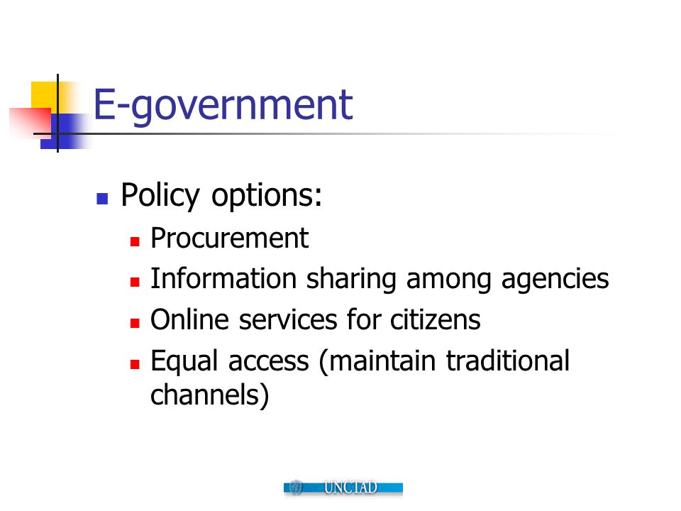 E-government Policy options: Procurement Information sharing among agencies Online services for citizens Equal access (maintain traditional channels)