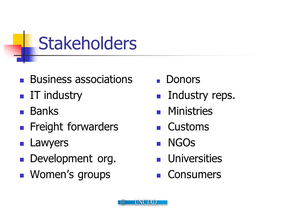 Stakeholders Business associations IT industry Banks Freight forwarders Lawyers Development org.