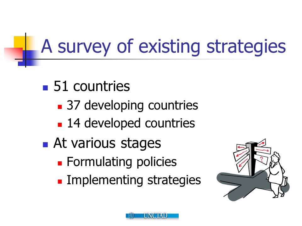 A survey of existing strategies 51 countries 37 developing countries 14 developed countries At various stages Formulating policies Implementing strategies