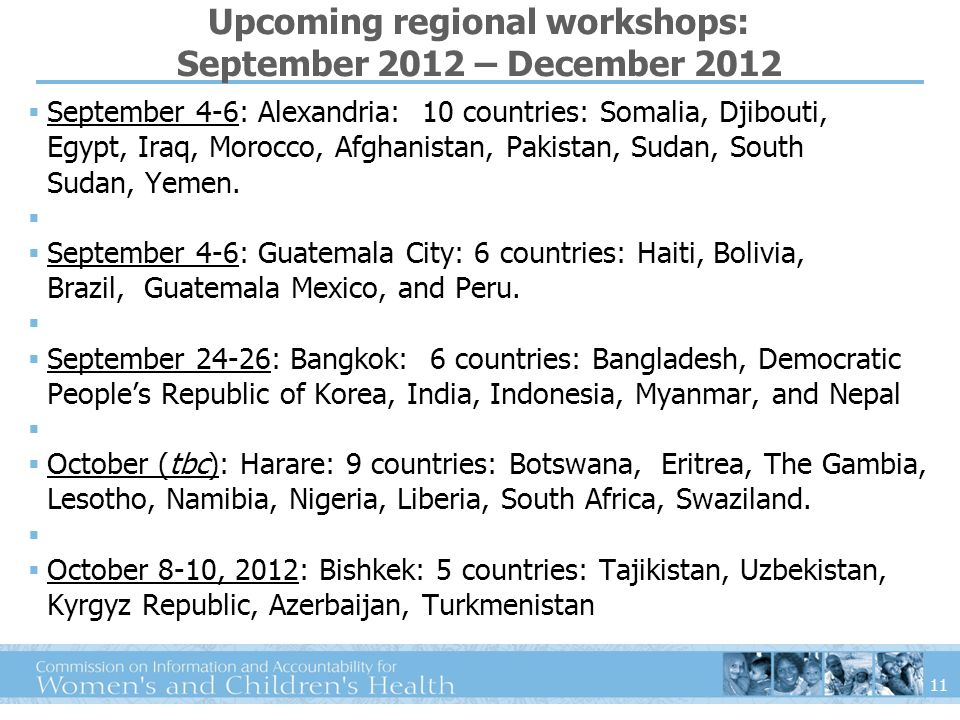11 Upcoming regional workshops: September 2012 – December 2012 September 4-6: Alexandria: 10 countries: Somalia, Djibouti, Egypt, Iraq, Morocco, Afghanistan, Pakistan, Sudan, South Sudan, Yemen.