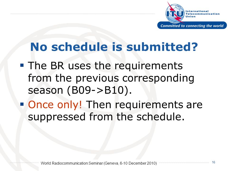 World Radiocommunication Seminar (Geneva, 6-10 December 2010) 16 No schedule is submitted.