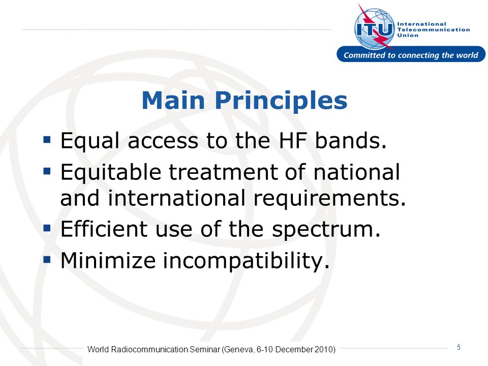 World Radiocommunication Seminar (Geneva, 6-10 December 2010) 5 Main Principles Equal access to the HF bands.