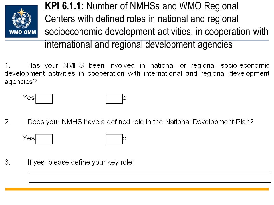 WMO OMM KPI 6.1.1: Number of NMHSs and WMO Regional Centers with defined roles in national and regional socioeconomic development activities, in cooperation with international and regional development agencies