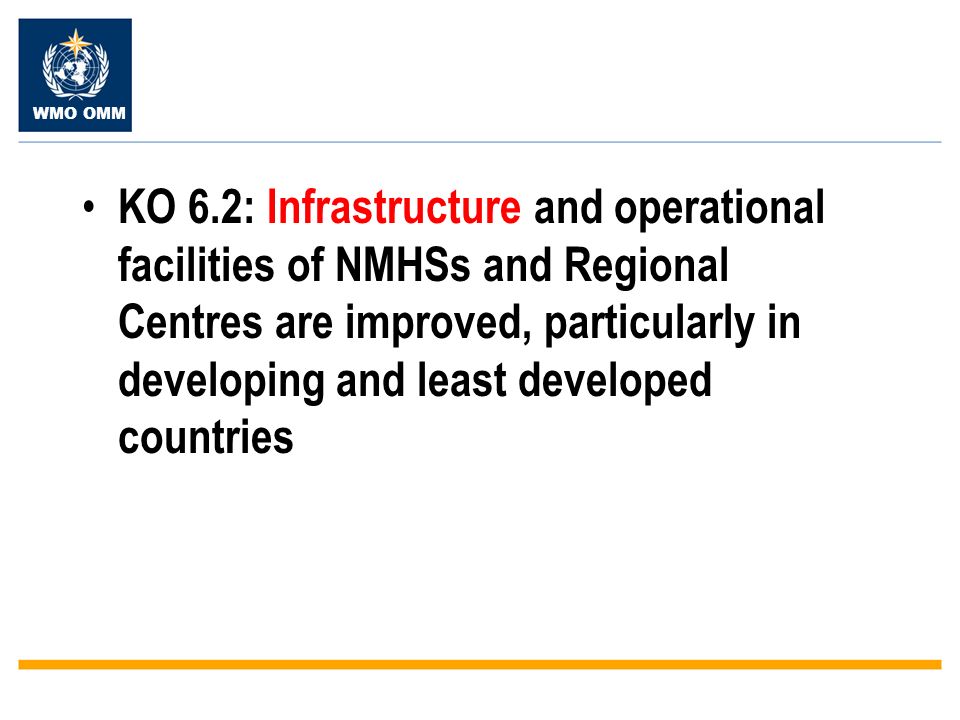 WMO OMM KO 6.2: Infrastructure and operational facilities of NMHSs and Regional Centres are improved, particularly in developing and least developed countries