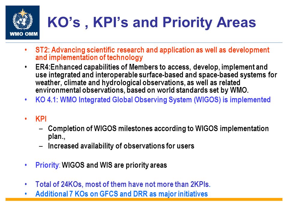 WMO OMM KOs, KPIs and Priority Areas ST2: Advancing scientific research and application as well as development and implementation of technology ER4:Enhanced capabilities of Members to access, develop, implement and use integrated and interoperable surface-based and space-based systems for weather, climate and hydrological observations, as well as related environmental observations, based on world standards set by WMO.