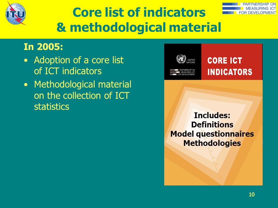 10 Core list of indicators & methodological material In 2005: Adoption of a core list of ICT indicators Methodological material on the collection of ICT statistics Includes: Definitions Model questionnaires Methodologies