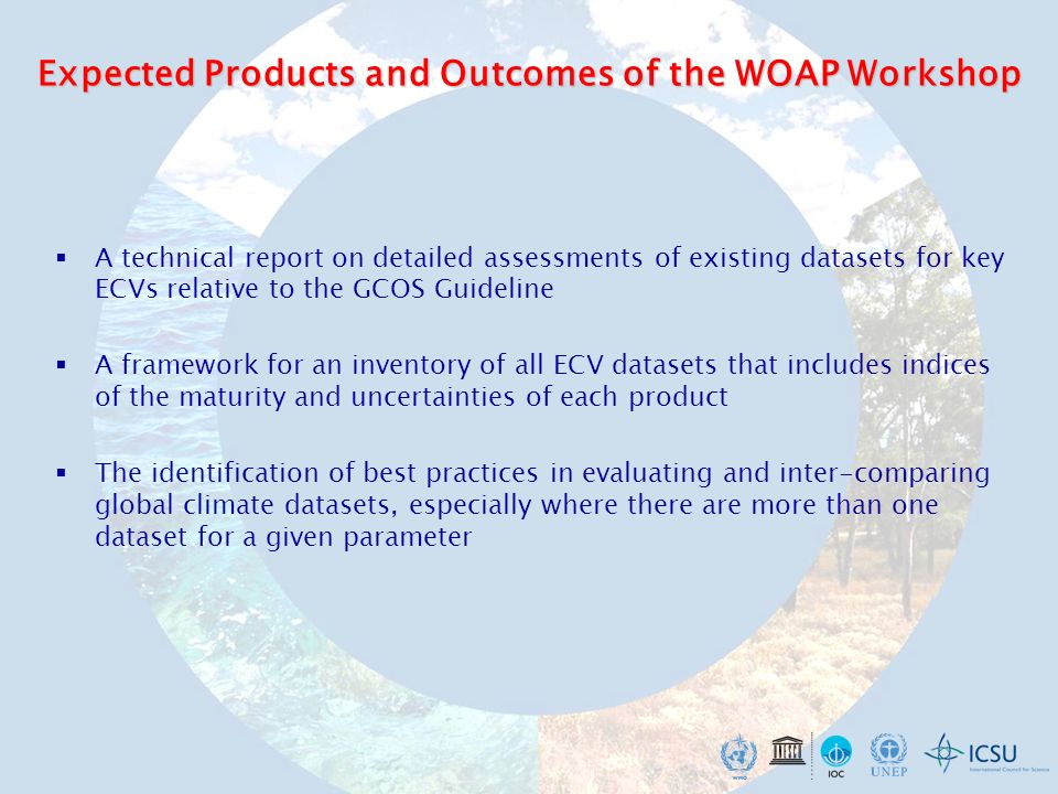 Expected Products and Outcomes of the WOAP Workshop A technical report on detailed assessments of existing datasets for key ECVs relative to the GCOS Guideline A framework for an inventory of all ECV datasets that includes indices of the maturity and uncertainties of each product The identification of best practices in evaluating and inter-comparing global climate datasets, especially where there are more than one dataset for a given parameter