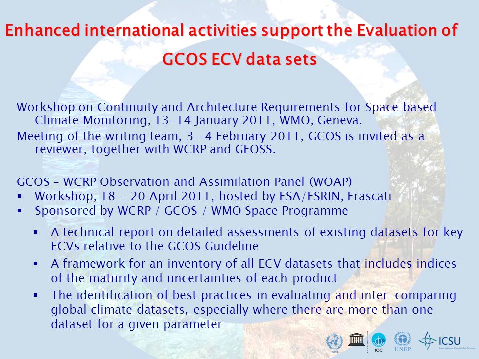 GCOS – WCRP Observation and Assimilation Panel (WOAP) Workshop, April 2011, hosted by ESA/ESRIN, Frascati Sponsored by WCRP / GCOS / WMO Space Programme Enhanced international activities support the Evaluation of GCOS ECV data sets Workshop on Continuity and Architecture Requirements for Space based Climate Monitoring, January 2011, WMO, Geneva.