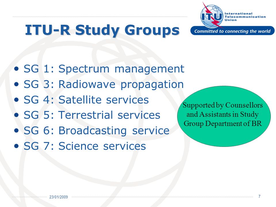 23/01/ ITU-R Study Groups SG 1: Spectrum management SG 3: Radiowave propagation SG 4: Satellite services SG 5: Terrestrial services SG 6: Broadcasting service SG 7: Science services Supported by Counsellors and Assistants in Study Group Department of BR