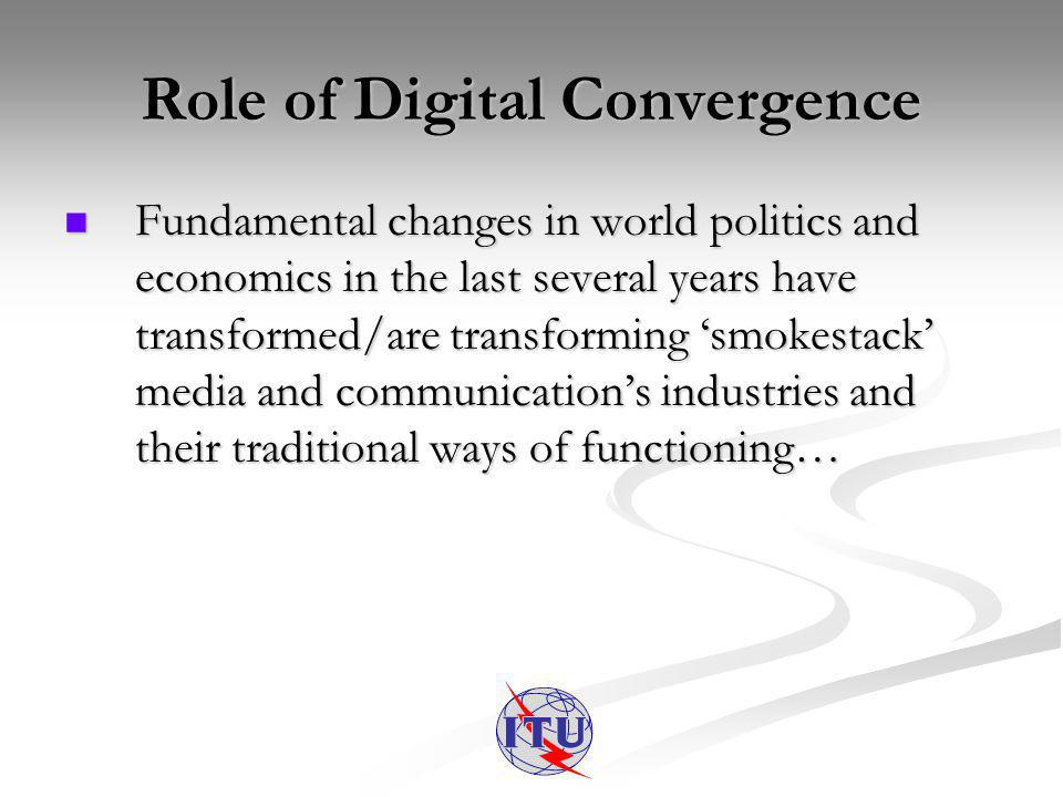 Role of Digital Convergence Fundamental changes in world politics and economics in the last several years have transformed/are transforming smokestack media and communications industries and their traditional ways of functioning… Fundamental changes in world politics and economics in the last several years have transformed/are transforming smokestack media and communications industries and their traditional ways of functioning…