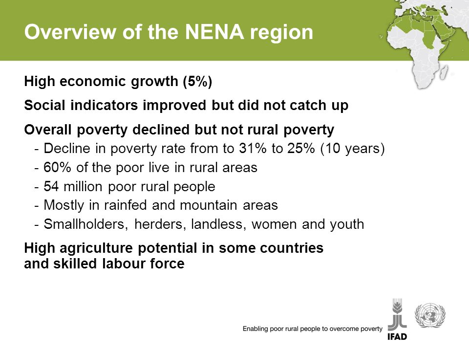 Overview of the NENA region High economic growth (5%) Social indicators improved but did not catch up Overall poverty declined but not rural poverty -Decline in poverty rate from to 31% to 25% (10 years) -60% of the poor live in rural areas -54 million poor rural people -Mostly in rainfed and mountain areas -Smallholders, herders, landless, women and youth High agriculture potential in some countries and skilled labour force
