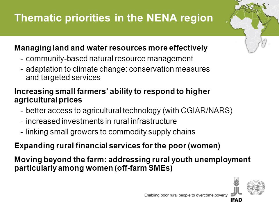 Thematic priorities in the NENA region Managing land and water resources more effectively -community-based natural resource management -adaptation to climate change: conservation measures and targeted services Increasing small farmers ability to respond to higher agricultural prices -better access to agricultural technology (with CGIAR/NARS) -increased investments in rural infrastructure -linking small growers to commodity supply chains Expanding rural financial services for the poor (women) Moving beyond the farm: addressing rural youth unemployment particularly among women (off-farm SMEs)